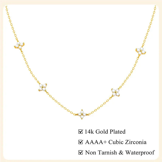 Dainty Lucky Leaf Necklace for Women 925 Sterling Silver Trendy 14K Gold Plating Cute White CZ Flowers Pendant Choker Necklaces