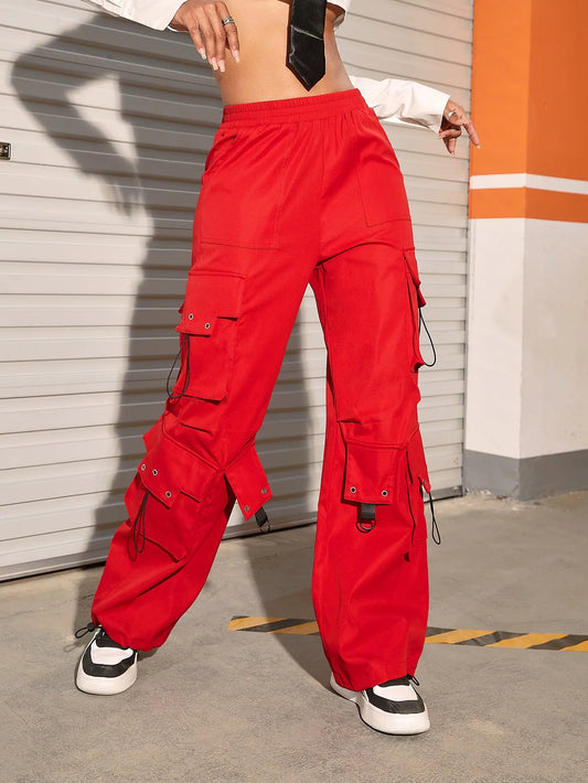 High Street Trend Hip Pop Flap Pocket Side Elastic Waist Loose Straight Cargo Pants