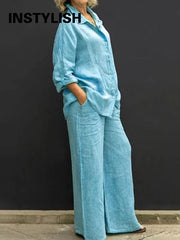 Linen Lapel Two Pieces Set Autumn Vintage Solid Color Long Sleeve Button Shirt