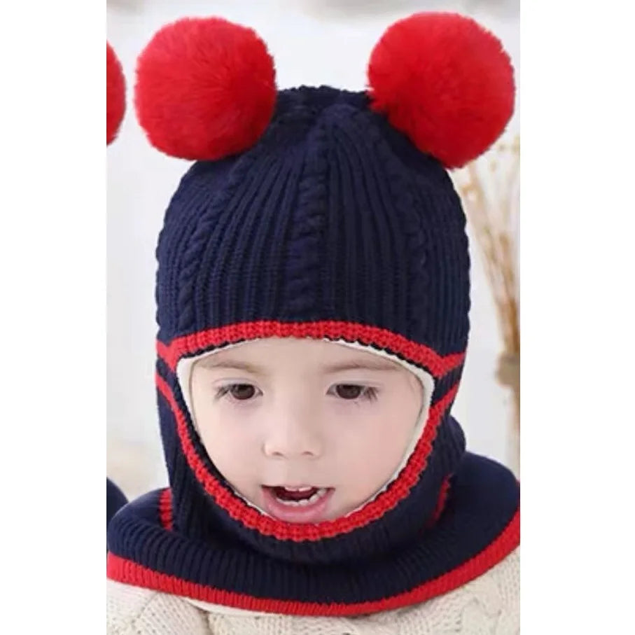 2-4year kid's knitted hat winter warm woolen hat  mask scarf one-piece