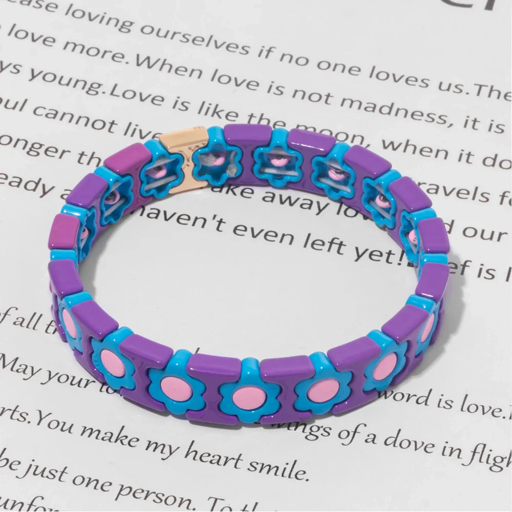 New Design Colorful Flower Charms Bangle For Women Handmade Bohemian Elastic Flower Bracelets Metal Beads Jewelry