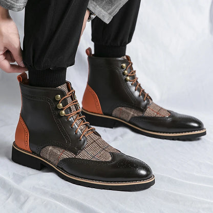 Luxury Men High-Top Leather Chelsea Boots Vintage Retro Patchwork Brogue Boots Male Business Formal Shoes Wedding Dress Shoes