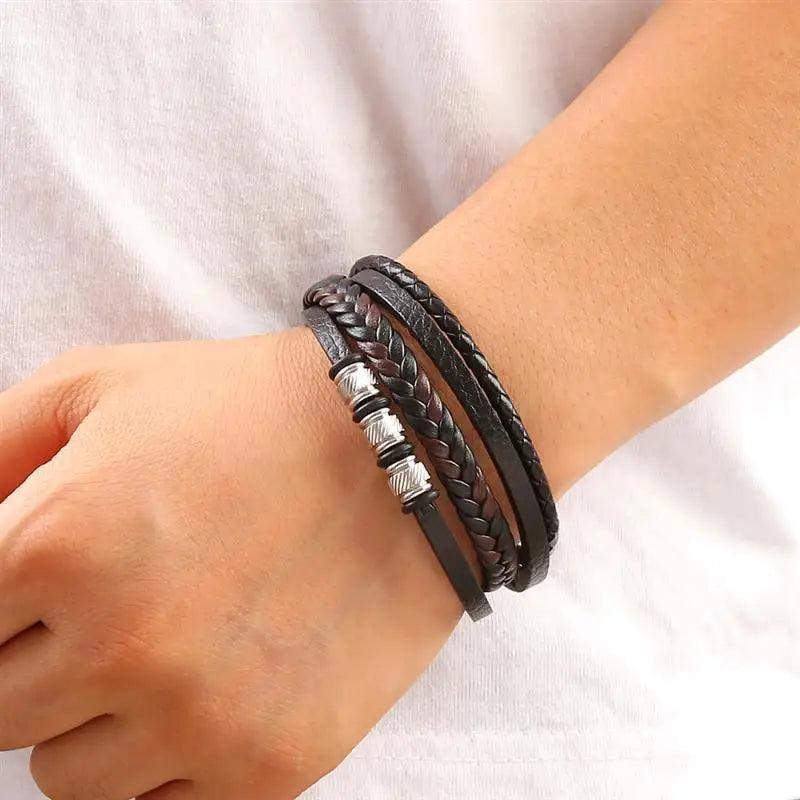 Punk Men Leather Bracelet with Stainless Steel Magnetic Clasp Braided Mutilayer Leather Wrapping Bangles Man Jewelry Gift