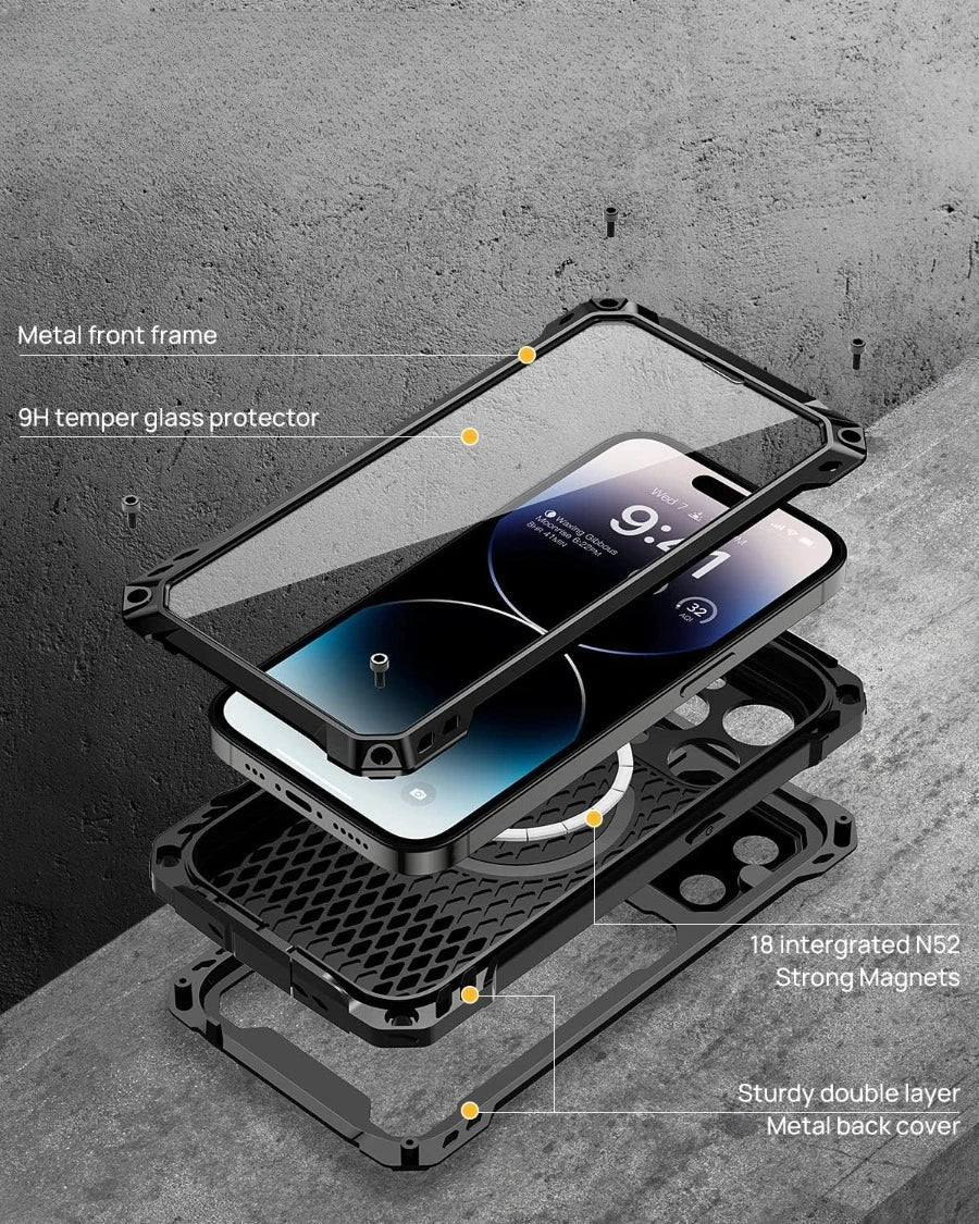 Heavy Duty Military Armor Metal Case For iPhone Air 17 16 15 Plus 14 Pro Max Shockproof Cover Camera Screen Protector Magsafe