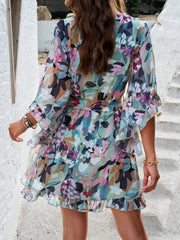 Floral Print Loose Summer Dress Ladies Elegant V-neck Ruffles Mini Dress Causal