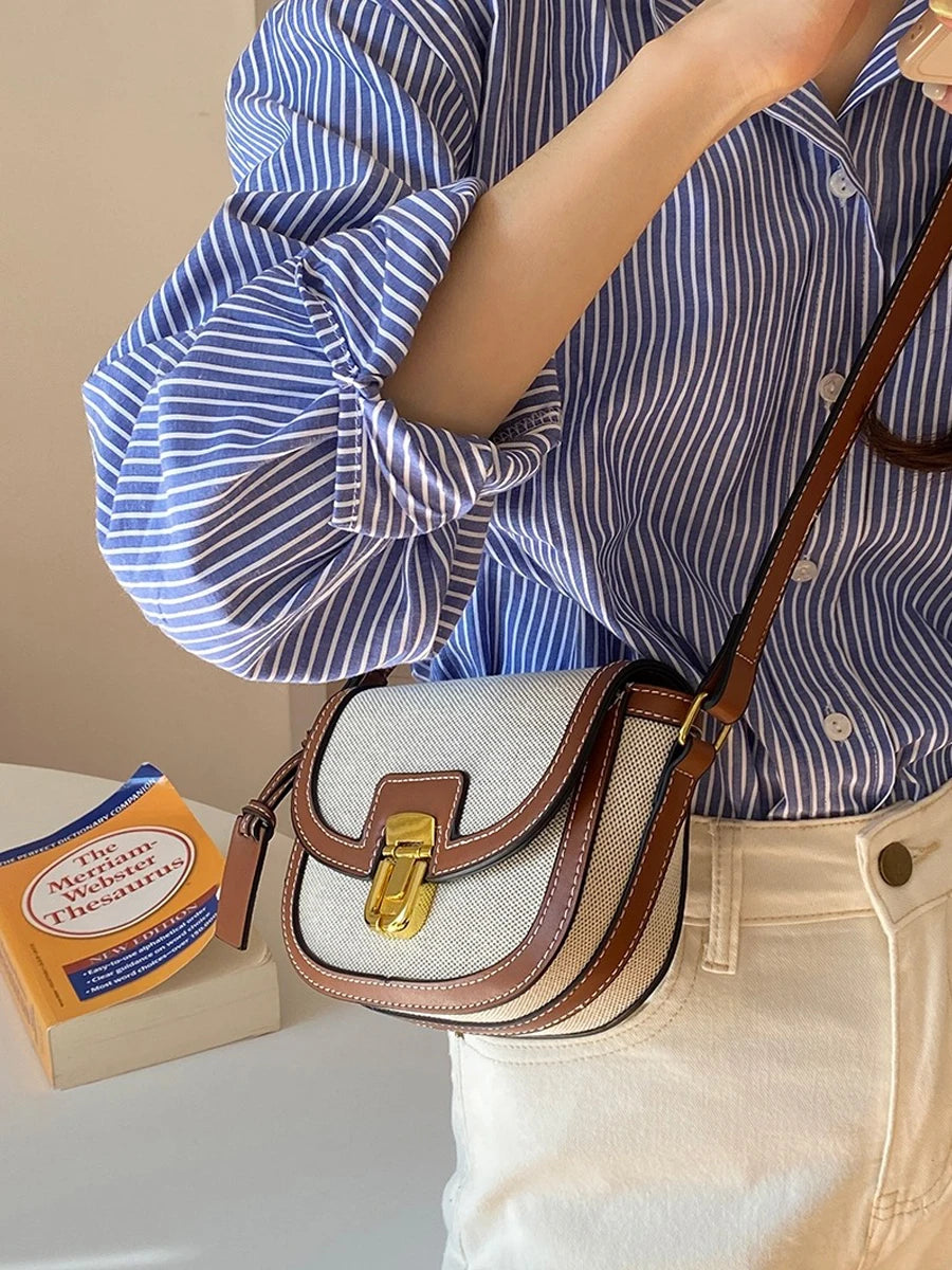 Contrast Panel Canvas Retro One Shoulder Crossbody Saddle Bag