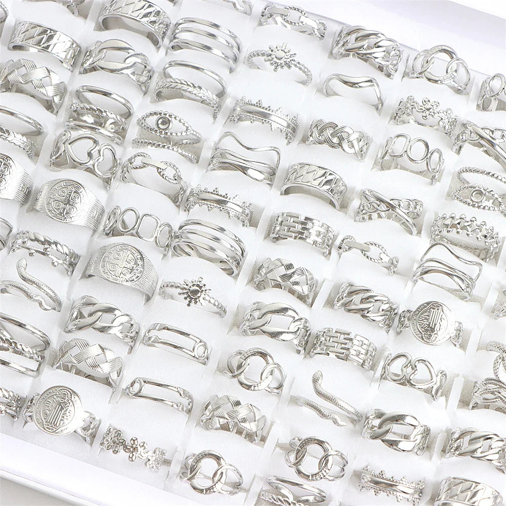 10/20Pcs/Lot Fashion Stainless Steel Adjustable Opening Ring For Women Men Mix Style Heart Snake Flower Jewelry No Fade