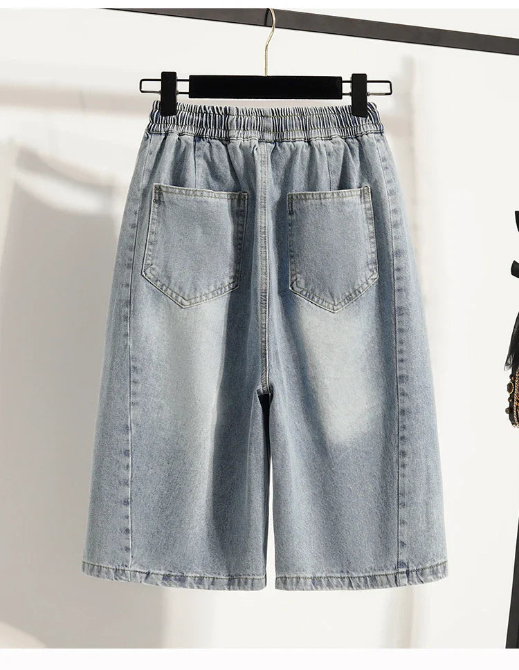 Casual Plus Size Denim Shorts Woman Boyfriend Loose Wide Leg Jeans Short Pants Midi Bermudas Elastic High Waisted Shorts Women