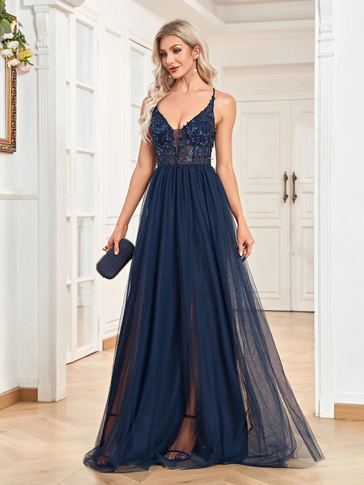 Homecoming Dresses: V Neck Navy Tulle Backless Chiffon Party Maxi Dress