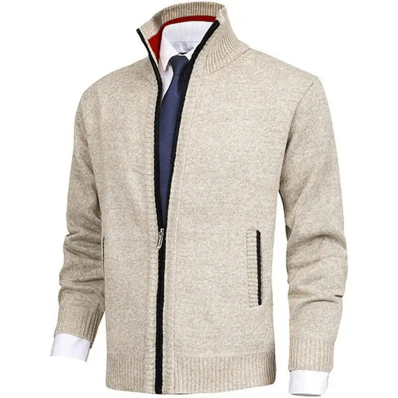 Winter Thick Men's Knitted Sweater Coat Off White Long Sleeve Cardigan Fleece Full Zip Male Causal Plus Size Clothing for Autumn
