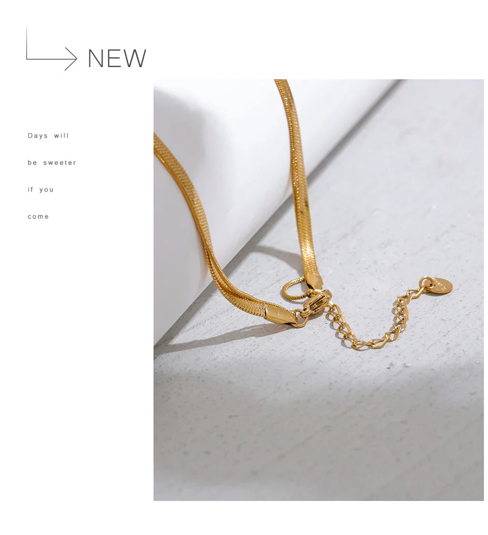 Yhpup Snake Chain Double Layer Stainless Steel Water Drop Pendant Necklace for Women Statement 18k Gold Color Jewelry Waterproof