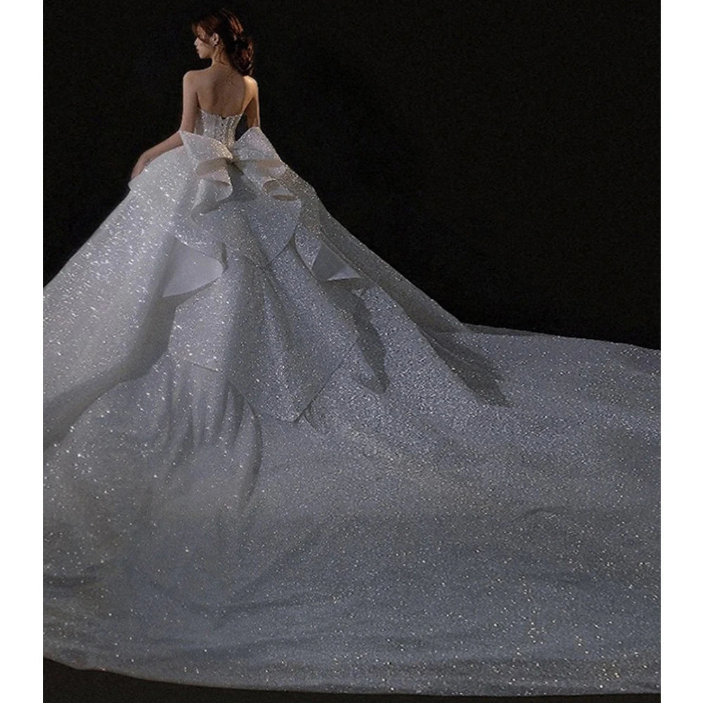 White Bridesmaid Dresses: Neck Lace Up Back Super Shiny Ball Gown Wedding Dress