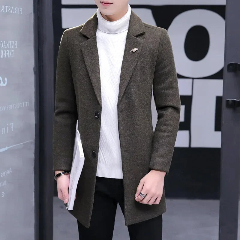 Winter Korean Version Slim Mid Length Suit Men's Casual Woolen  Solid Color