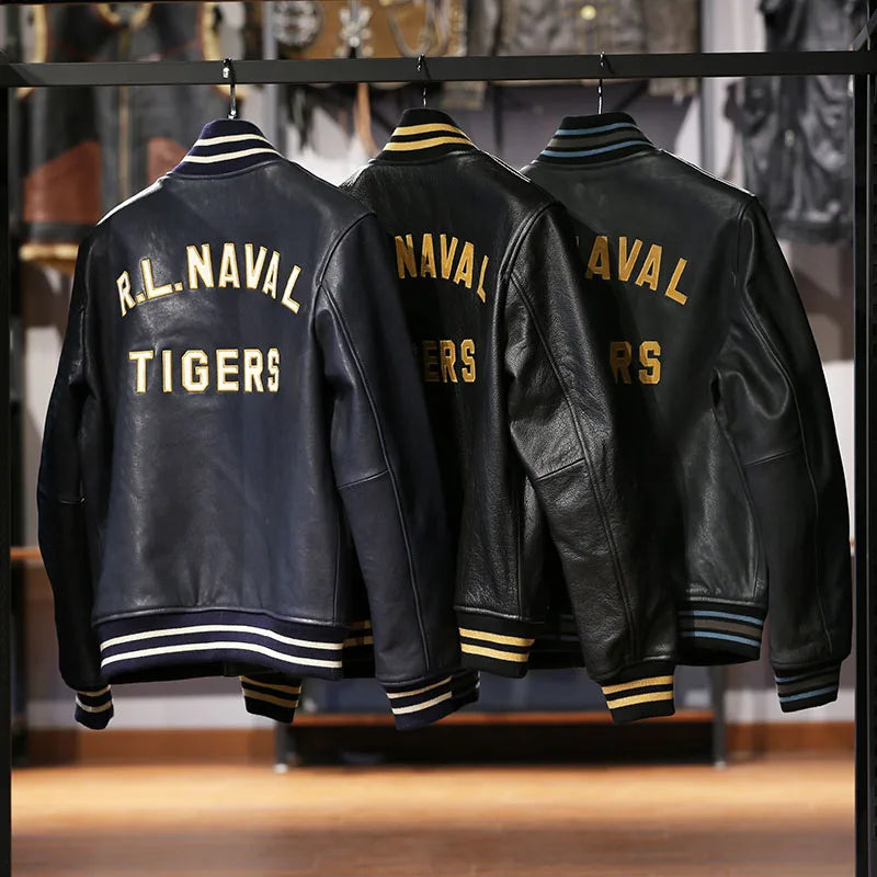 Men's stand collar real leather jacket baseball tiger embroidery vegetable