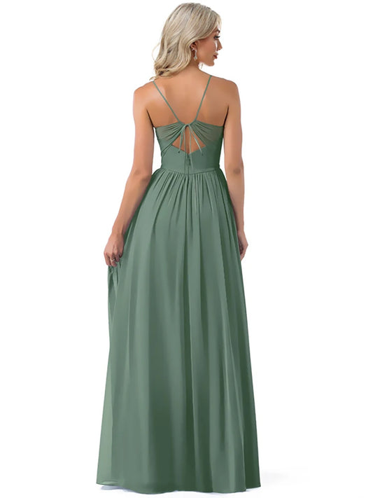 Suspenders Green Chiffon Evening Dress Long Bridesmaid Party Dress