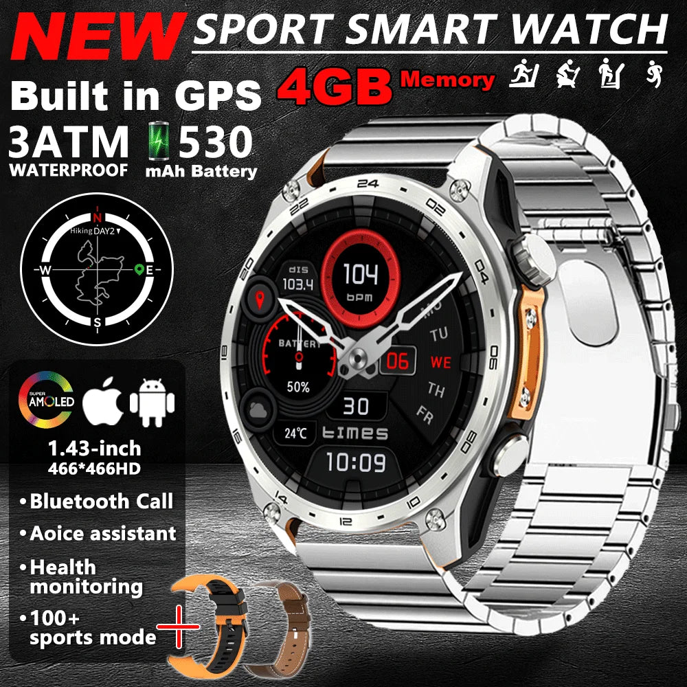 2025New Built-in GPS Offline Map Position Smart Watch Men 4GB Memory 3ATM Waterproof MP3/4 Compass BT Call Swim Sport Bracelets