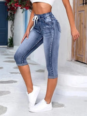 Women's Elastic Waist Jeans Fashion High Stretch Skinny Calf-Length Denim Pencil Pants