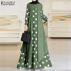 Elegant O-Neck Long Sleeve Muslim Sundress Women Polka Dots Printed Dress