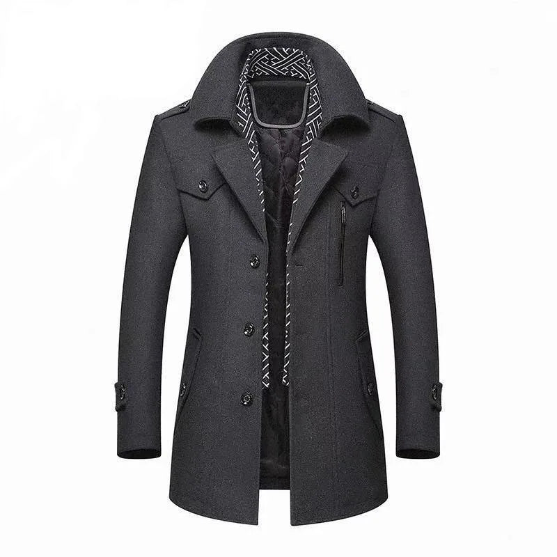 Winter Men Wool Coats Fashion Middle Long Scarf Collar Cotton-Padded Thick Warm