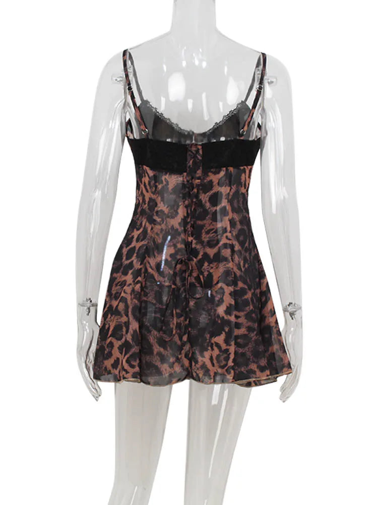 CNYISHE Party Leopard Backless Women Dresses V Neck Sleeveless Sheath Bodycon Lace-up Sexy Club Fashion Female Vestidos Robes