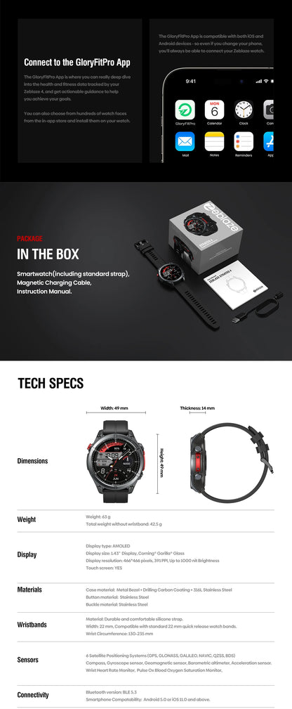 NEW 2025 Zeblaze Stratos 4 GPS Smartwatch 1.43" AMOLED Screen Compass Barometric Altimeter Flashlight Voice Calling Smart Watch