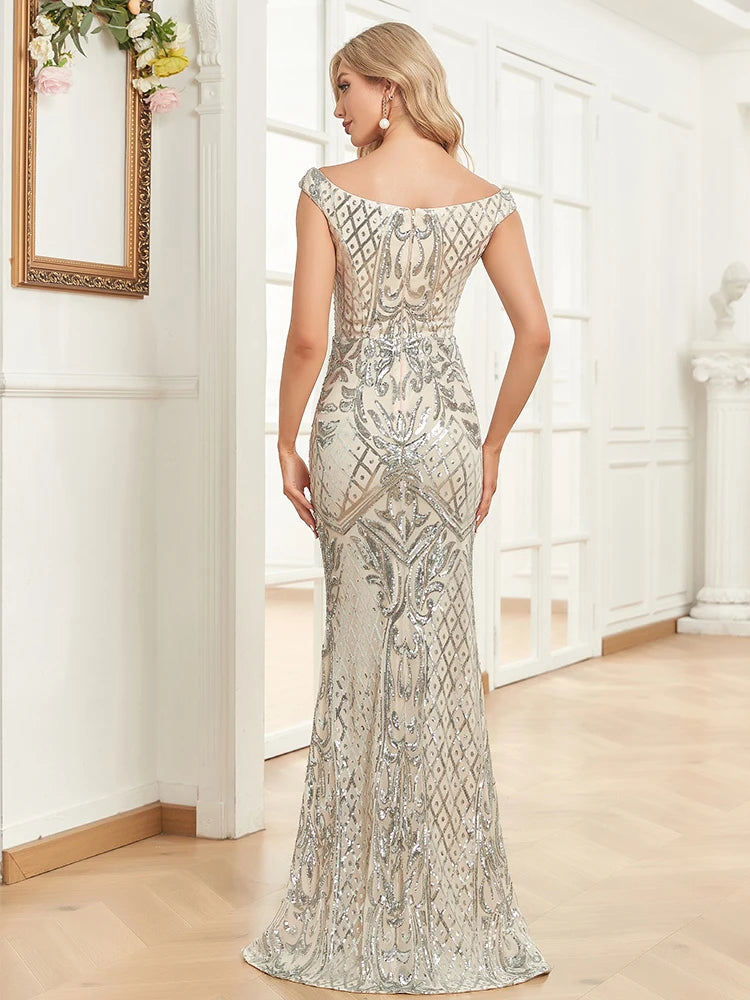 Homecoming Dresses: V Neck Silver Sequin Evening Dress Women Sleeveless Party Maxi