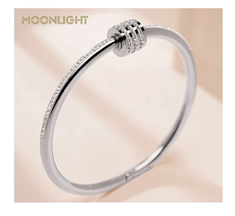 MOONLIGHT Classic Stainless Steel Zircon Bangle For Women Circular Screw Bracelet Female Jewelry Gifts Fashion Accessories