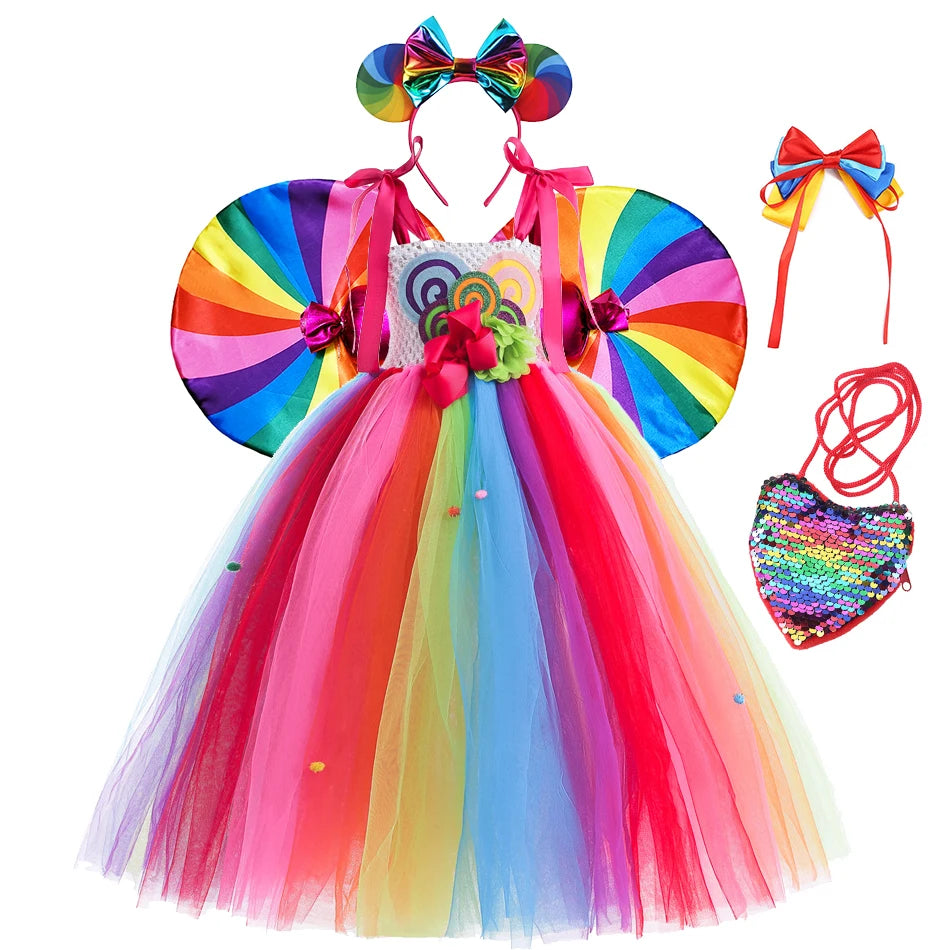 Girls Candy Dress Children Rainbow Lollipop Tulle Tutu Kids Holiday Stage
