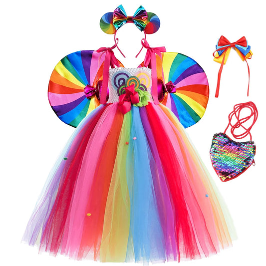 Girls Candy Dress Children Rainbow Lollipop Tulle Tutu Kids Holiday Stage