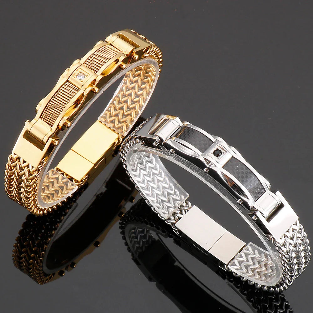 Luxury Bracelet for Men Gold Color 12MM Wide Stainless Steel Square Franco Link Chain Men's Wrist Bracelets With Magnet Clasp