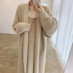 white Long Cardigan for women winter clothes Knitted fluffy long sleeve Cashmere