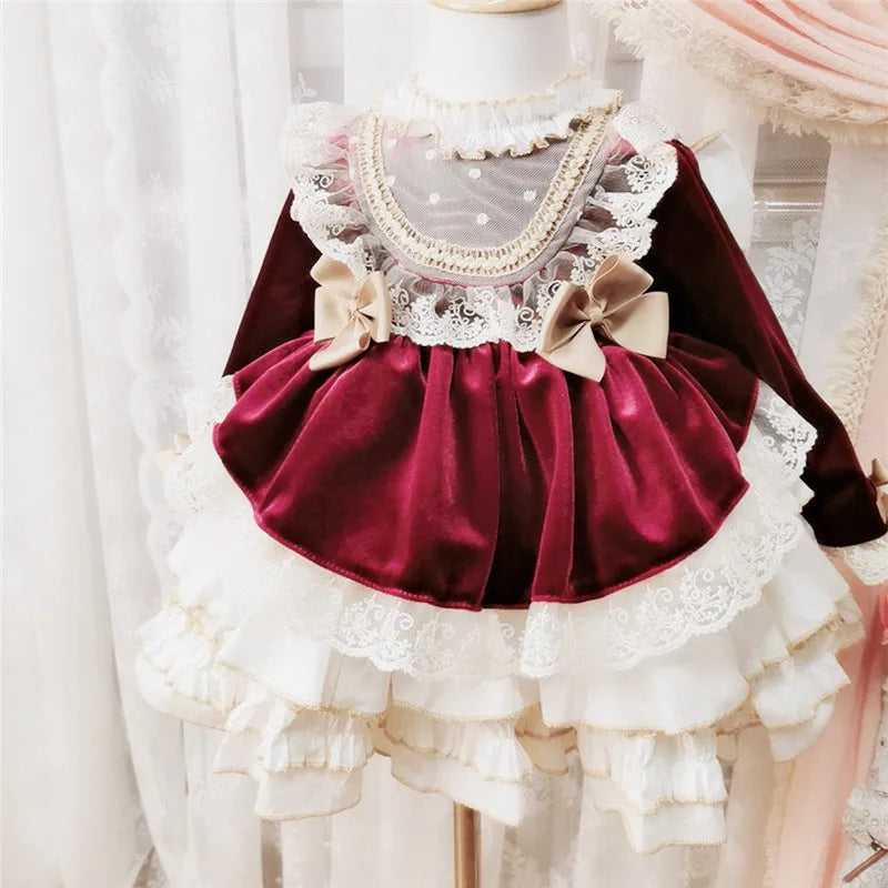 Christmas Carnival New Year Palace Style Girls' Princess Dress Lace Bowtie Girls' Birthday Party Elegant Evening Dress