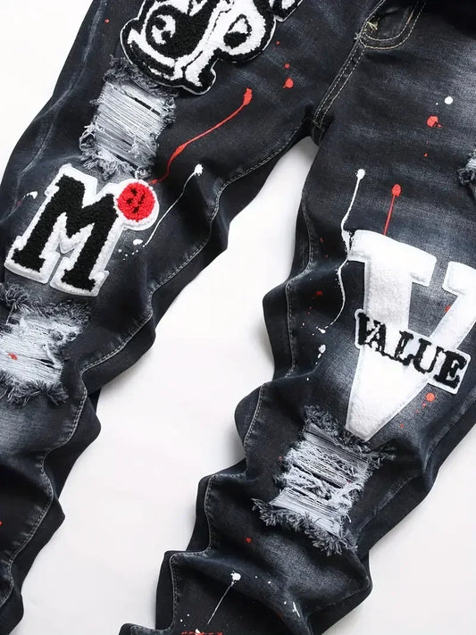 Men y2k Stretchy Denim jeans Ripped Skinny Letter Print elastic waist Casual pants