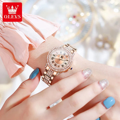 OLEVS Women's Watches Fashion Original Quartz Wrist Watch for Ladies Roman Dial Dazzling Diamond Waterproof Luminous Luxury New