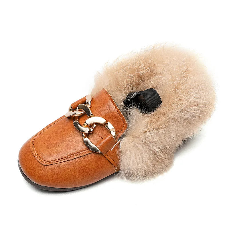 JGVIKOTO Brand Autumn Winter Girls Shoes Warm Cotton Plush Fluffy Fur Kids Loafers With Metal Chain Boys Flats Children Loafers
