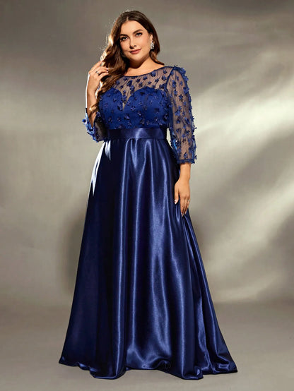 Mgiacy plus size Round neck perspective three-dimensional floral patchwork long skirt Evening gown ball dress party dress