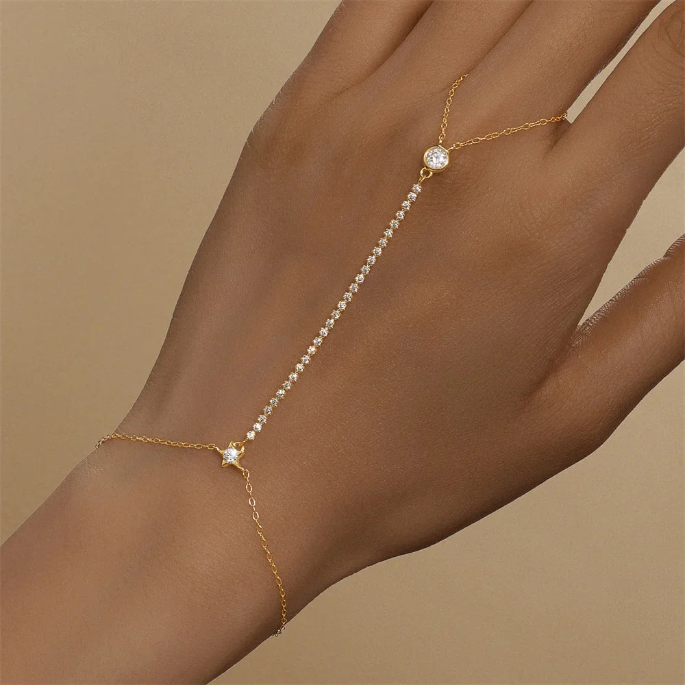ROXI 925 Sterling Silver Heart/Star Zircon Bracelet With Finger Design For Women Hand Chain Accessories Party Jewelry Gift