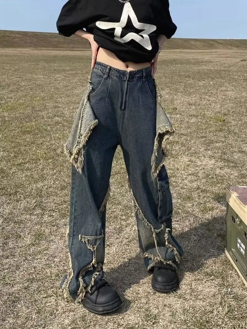 American Retro Washed Wide-Leg Star Patch Jeans Women High Street Y2K
