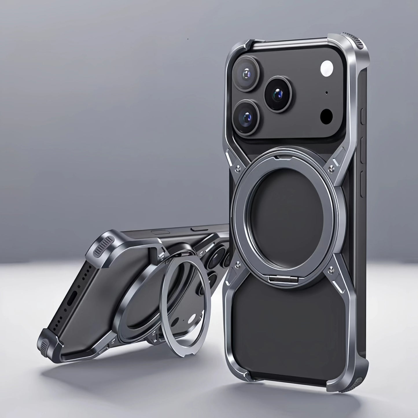 Metal Alloy Punk Frame Phone Case For iPhone 17 16 15 14 13 Pro Max 360 Rotating Bracket Magsafe Ring Magnet Stand Bumper Cover