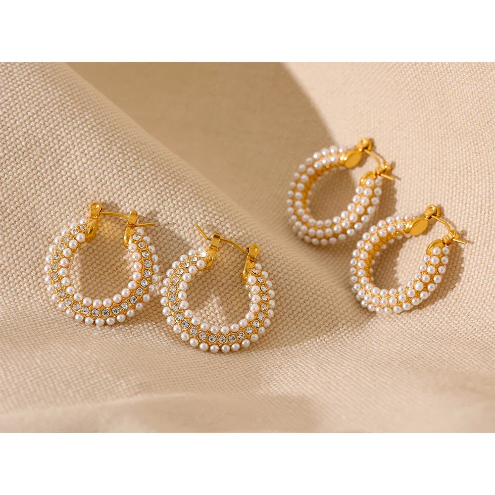 Yhpup Exquisite Luxury Stainless Steel Imitation Pearls Hoop Huggie Earrings Romantic Elegant Fashion Charm Trendy Chic Jewelry