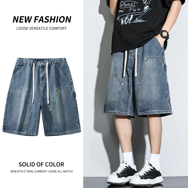Men's Denim Shorts Summer Loose Vintage Hip-hop Cargo Moto Short