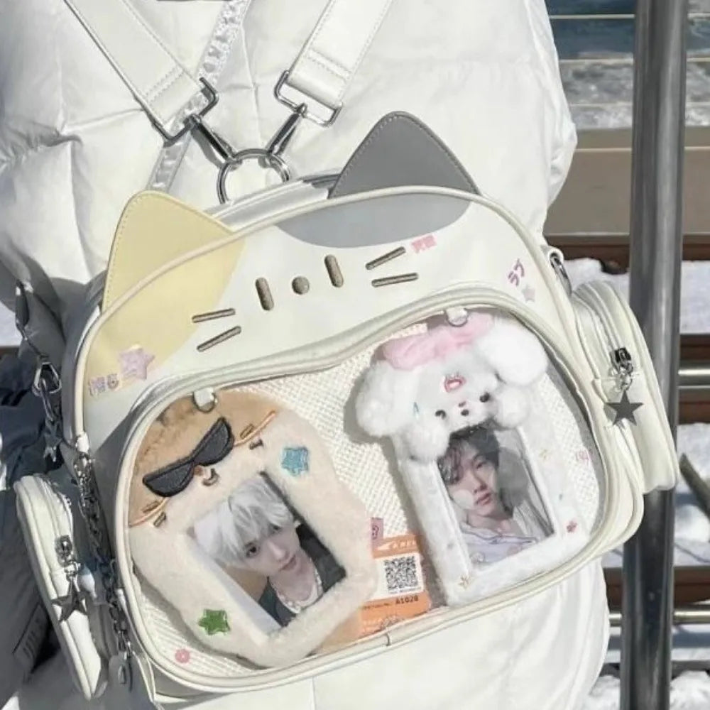 Y2K Korean Kawaii Cat Lolita Bag Cute PU Shoulder Bag Girls Transparent Pocket Harajuku Crossbody Bag Women's Fashion Backpacks