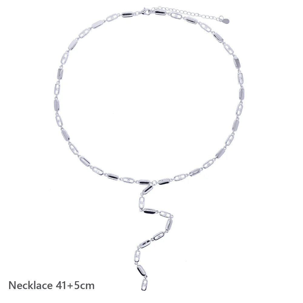 Gold Color Women Fashion Jewelry Set Geometric CZ Rectangle Charm Link Hand Chain Bracelet Choker Y Lariat Necklace