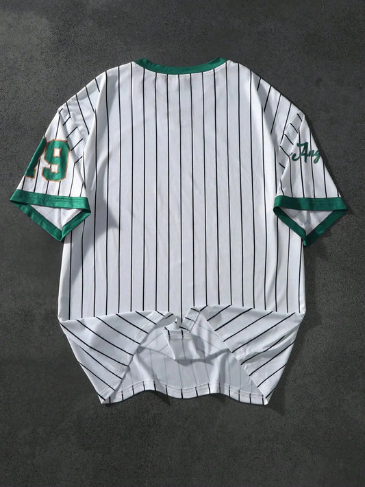 2025 summer new V-neck T-shirt Men's sports printed T-shirt V-neck short-sleeved T-shirt retro baseball chic