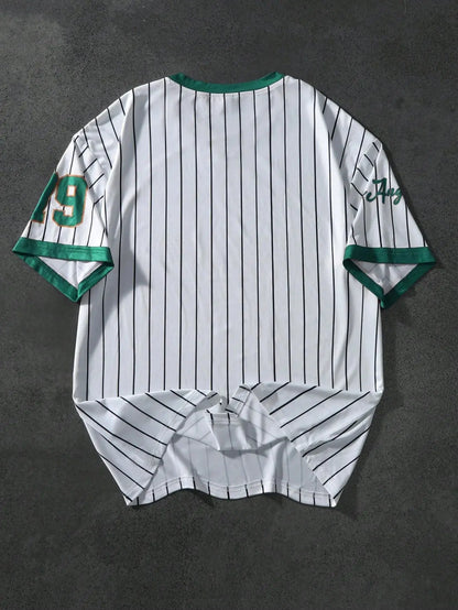 2025 summer new V-neck T-shirt Men's sports printed T-shirt V-neck short-sleeved T-shirt retro baseball chic