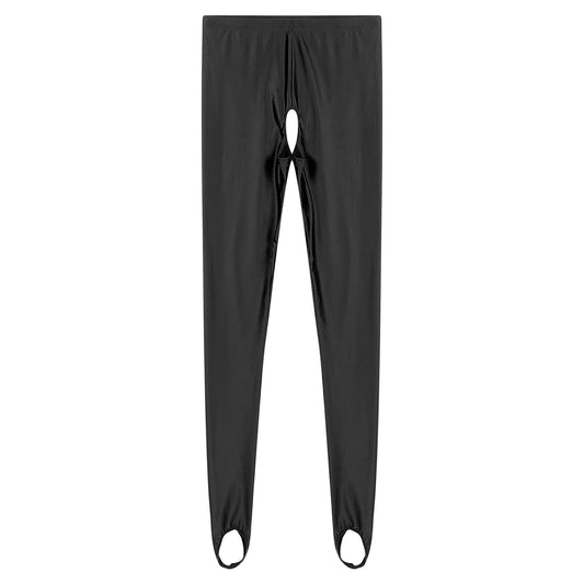 Womens Lingerie Glossy Open Crotch Stirrup Tights Leggings Stretchy Smooth Mid Waist