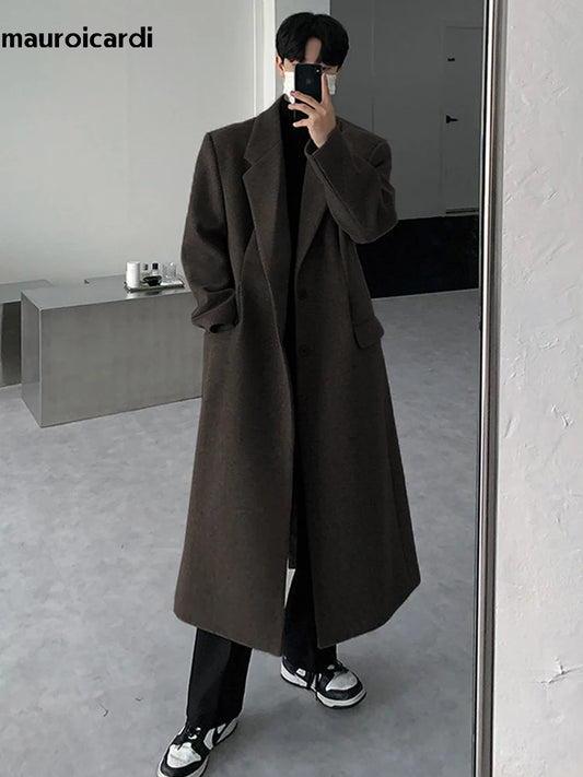 Autumn Winter Long Thick Warm Soft Fitted Woolen Coat Men Single Breasted Cool