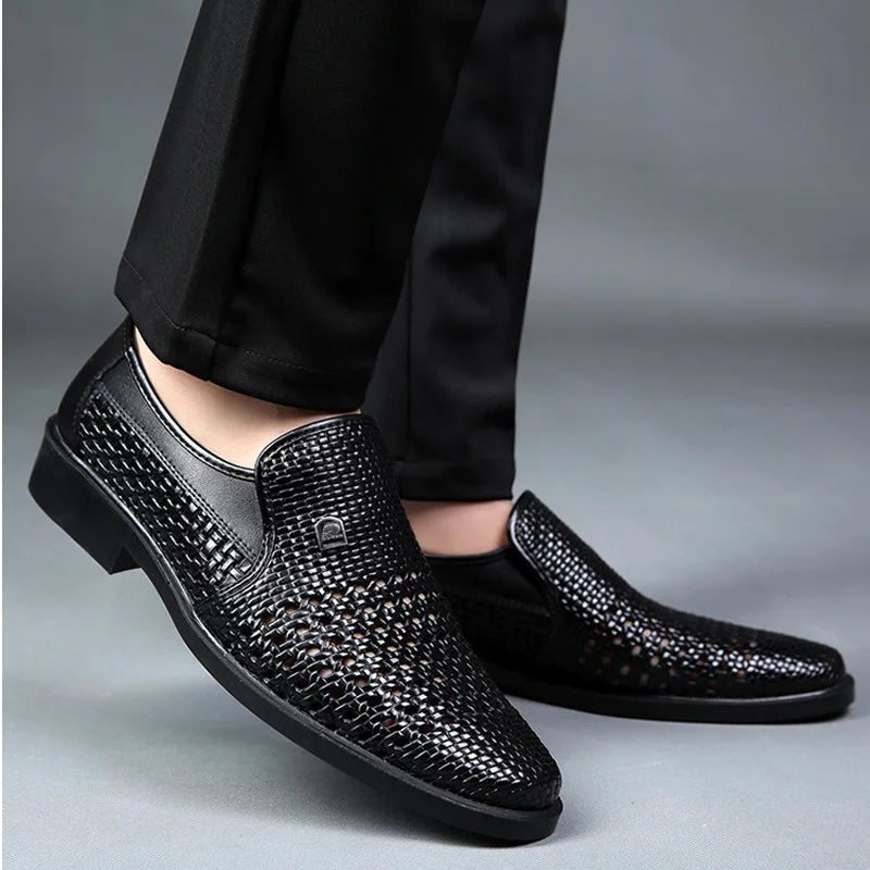 Cow Leather Mens Casual Shoes Hollow Out Summer Sandals Breathable White Business Formal Shoes Slip-on Loafers Shoes for Men