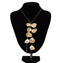 Long Tassels Chest Chain with Leaves Pendants Necklace for Women Trendy Sweater