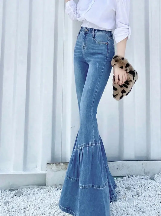 Spring and Autumn Light Color Flared Pants Women's Retro High Waist Splicing Loose